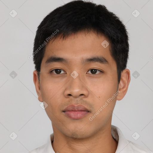 Neutral asian young-adult male with short  black hair and brown eyes