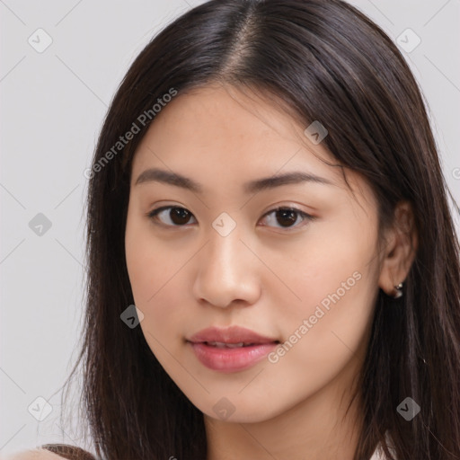 Neutral white young-adult female with long  brown hair and brown eyes