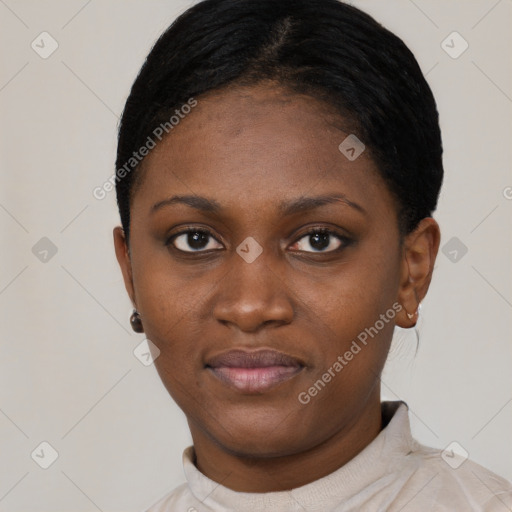 Neutral black young-adult female with short  black hair and brown eyes