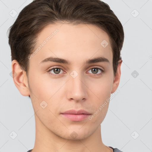 Neutral white young-adult male with short  brown hair and brown eyes