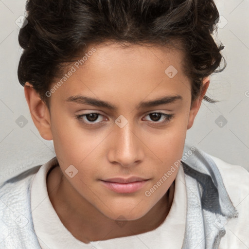 Joyful white child female with short  brown hair and brown eyes