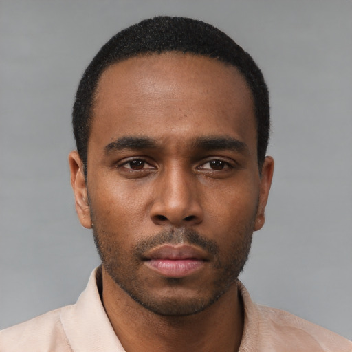 Neutral black young-adult male with short  black hair and brown eyes