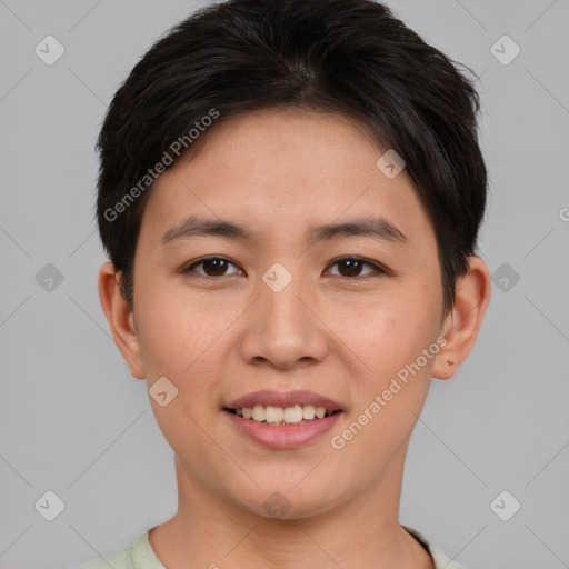 Joyful asian young-adult female with short  brown hair and brown eyes