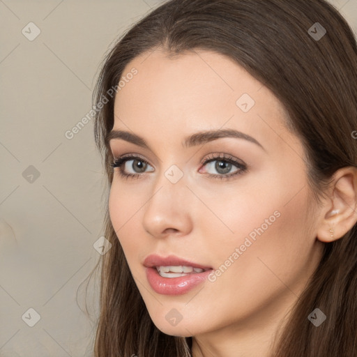 Neutral white young-adult female with long  brown hair and brown eyes