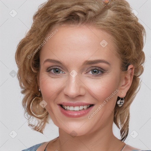 Joyful white young-adult female with medium  brown hair and blue eyes