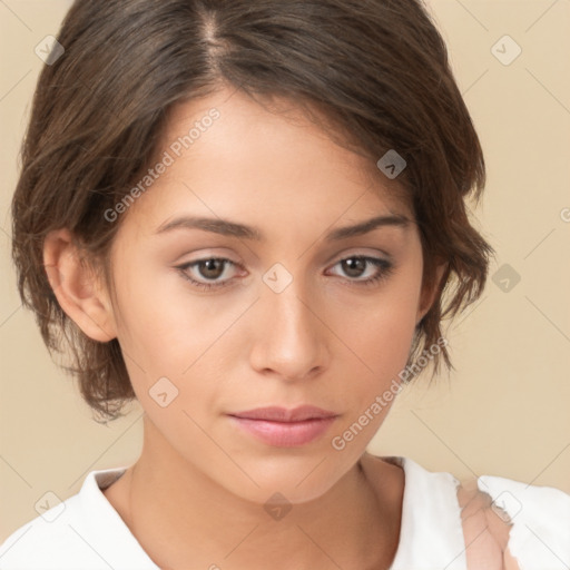 Neutral white young-adult female with medium  brown hair and brown eyes