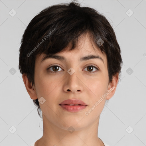 Neutral white young-adult female with short  brown hair and brown eyes