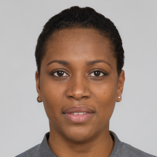 Neutral black young-adult female with short  black hair and brown eyes