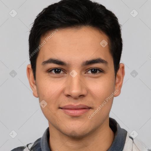 Joyful latino young-adult male with short  brown hair and brown eyes