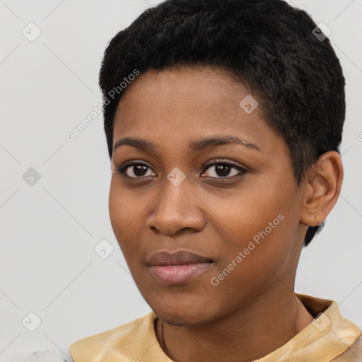 Joyful black young-adult female with short  black hair and brown eyes