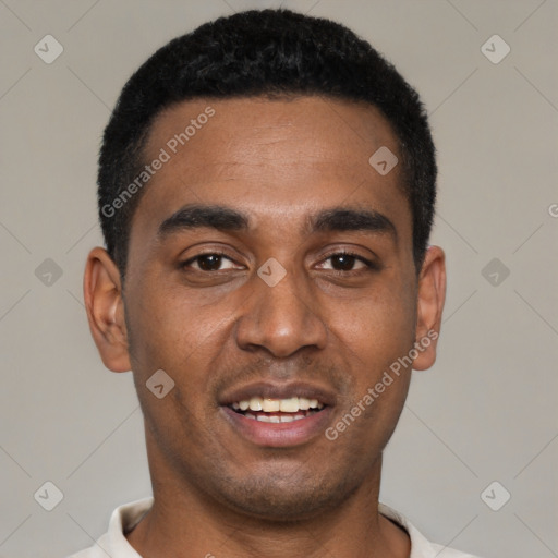 Joyful black young-adult male with short  black hair and brown eyes