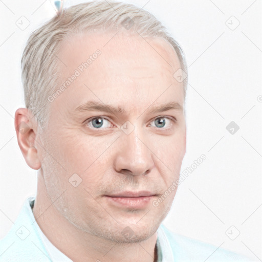 Neutral white adult male with short  blond hair and blue eyes