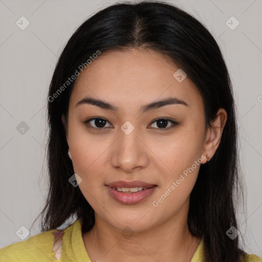 Joyful asian young-adult female with medium  brown hair and brown eyes