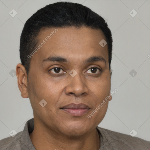Joyful black young-adult male with short  brown hair and brown eyes