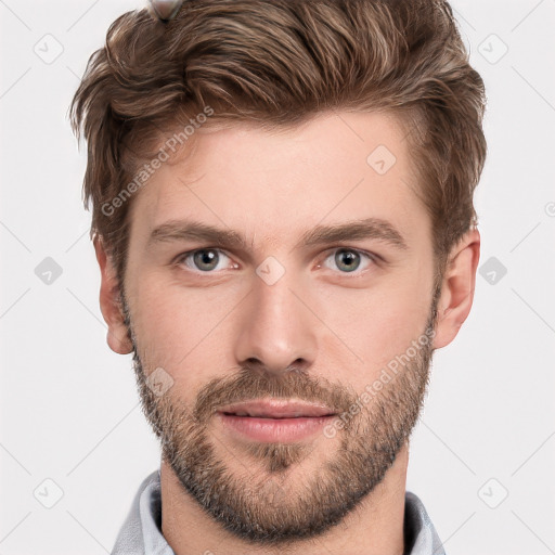 Neutral white young-adult male with short  brown hair and grey eyes