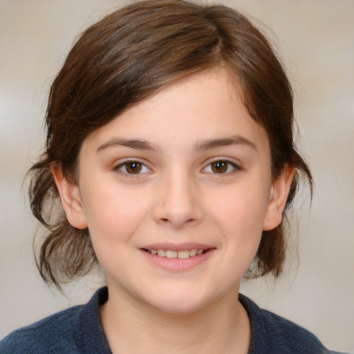 Joyful white child female with medium  brown hair and brown eyes