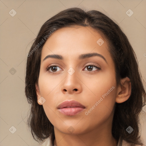 Neutral latino young-adult female with long  brown hair and brown eyes