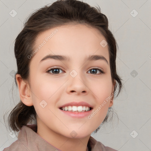 Joyful white child female with medium  brown hair and brown eyes