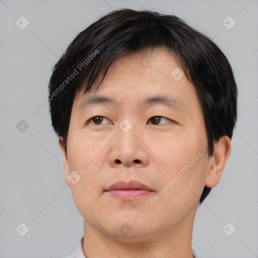 Neutral asian adult male with short  brown hair and brown eyes