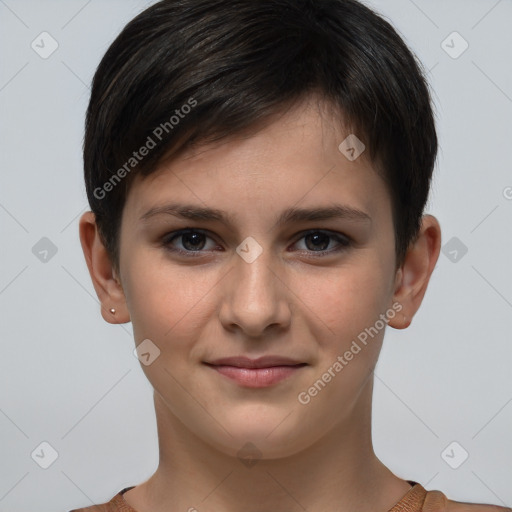 Joyful white young-adult female with short  brown hair and brown eyes