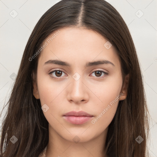 Neutral white young-adult female with long  brown hair and brown eyes