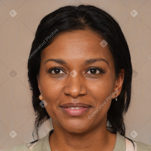 Joyful black young-adult female with medium  black hair and brown eyes