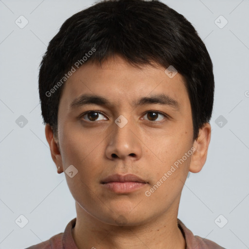 Neutral asian young-adult male with short  brown hair and brown eyes