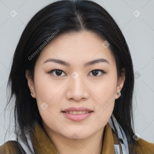 Joyful asian young-adult female with medium  black hair and brown eyes