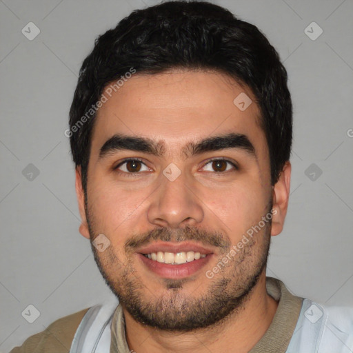 Joyful white young-adult male with short  black hair and brown eyes