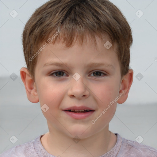 Joyful white child male with short  brown hair and brown eyes