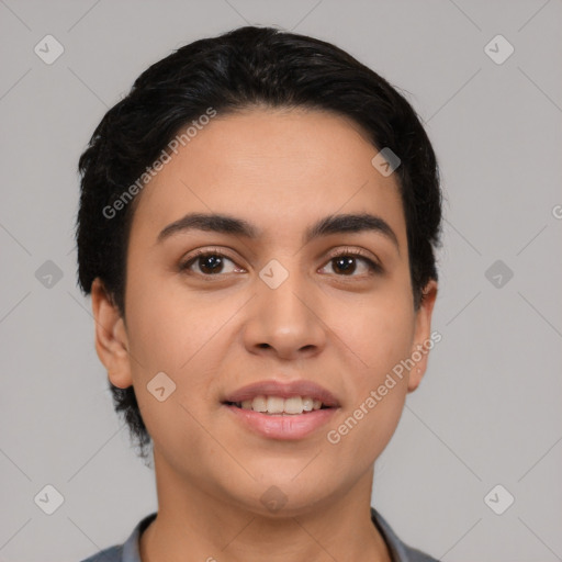 Joyful white young-adult female with short  brown hair and brown eyes