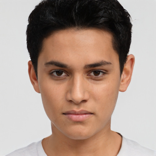 Neutral latino young-adult male with short  black hair and brown eyes