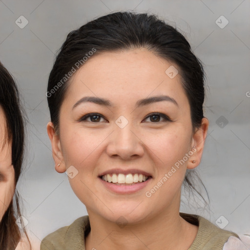 Joyful white young-adult female with medium  brown hair and brown eyes