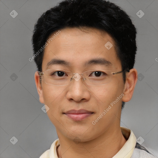 Neutral asian young-adult male with short  black hair and brown eyes