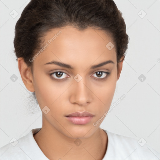 Neutral white young-adult female with short  brown hair and brown eyes