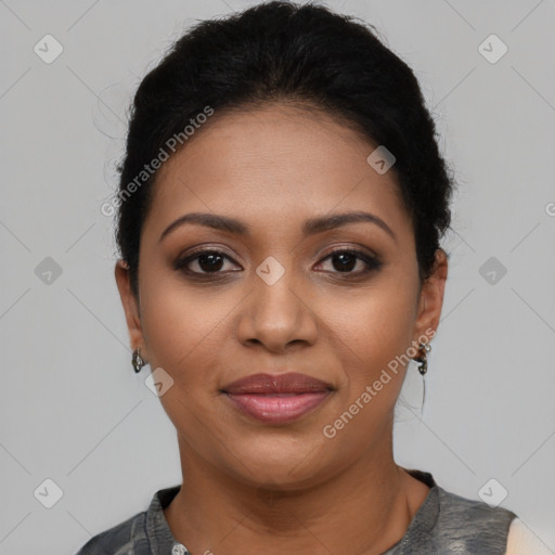 Joyful latino young-adult female with short  brown hair and brown eyes