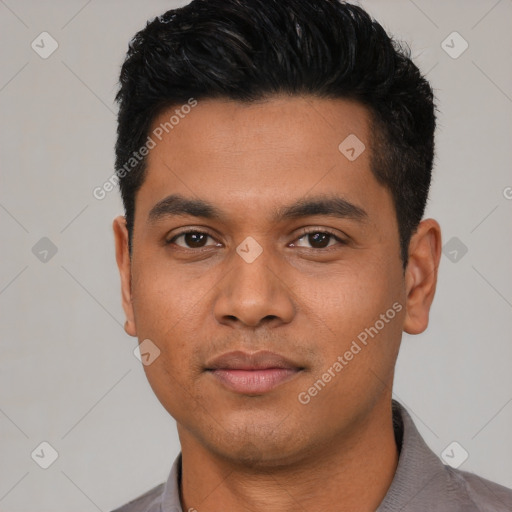 Neutral latino young-adult male with short  black hair and brown eyes