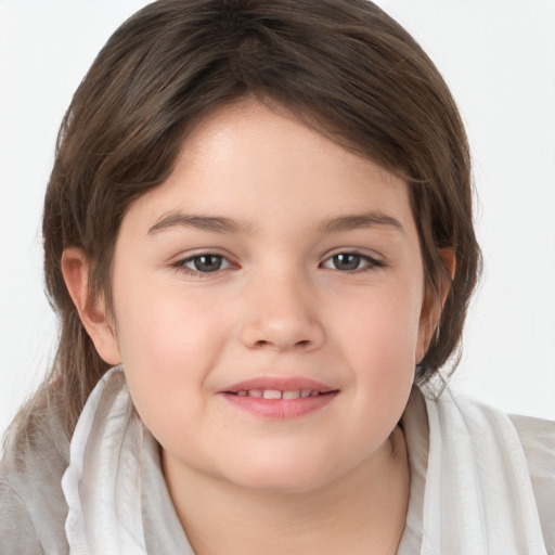 Joyful white child female with medium  brown hair and grey eyes