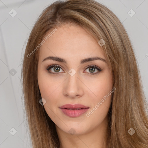 Neutral white young-adult female with long  brown hair and brown eyes