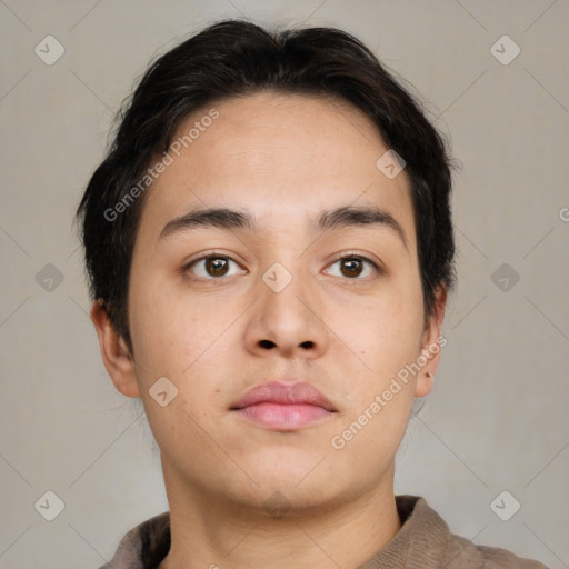 Neutral asian young-adult male with short  brown hair and brown eyes