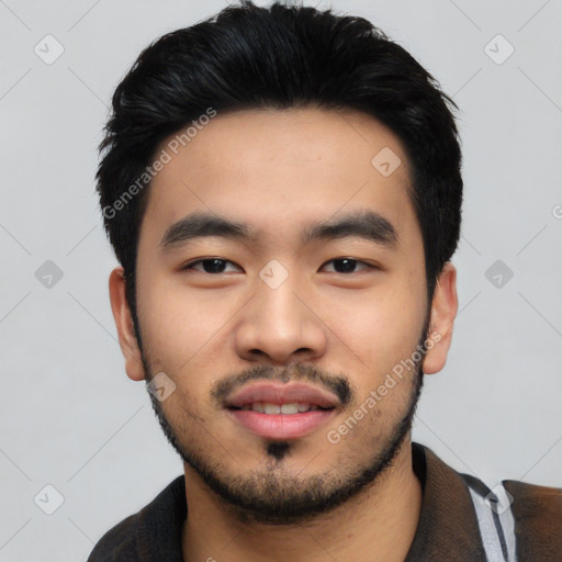 Neutral asian young-adult male with short  black hair and brown eyes