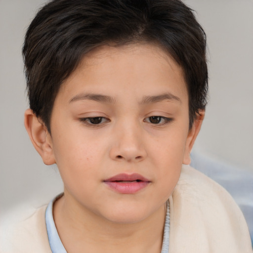 Joyful white child female with medium  brown hair and brown eyes