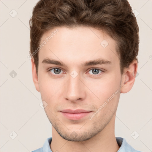 Neutral white young-adult male with short  brown hair and grey eyes