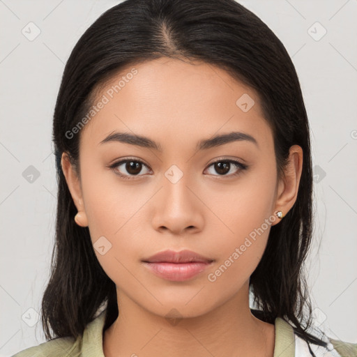 Neutral white young-adult female with medium  brown hair and brown eyes