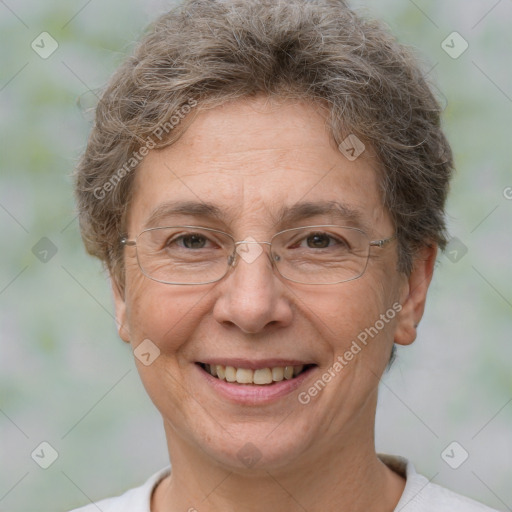 Joyful white adult female with short  brown hair and brown eyes