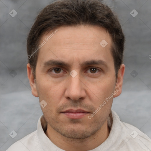 Neutral white adult male with short  brown hair and brown eyes