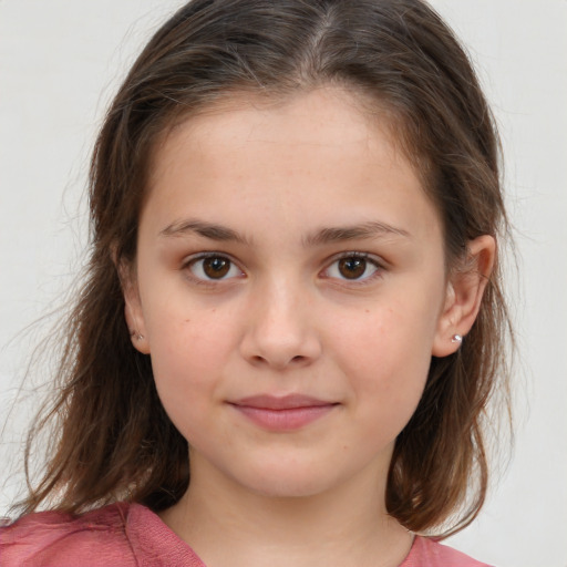 Joyful white child female with medium  brown hair and brown eyes