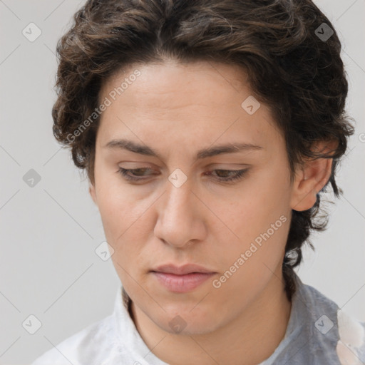 Neutral white young-adult female with short  brown hair and brown eyes