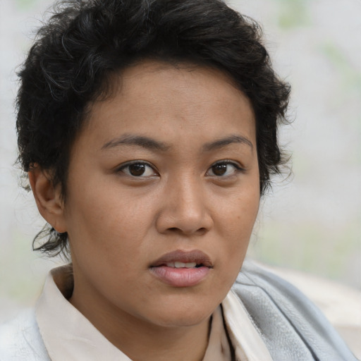 Neutral asian young-adult female with short  brown hair and brown eyes