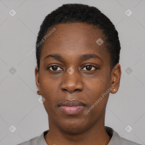 Neutral black young-adult female with short  black hair and brown eyes